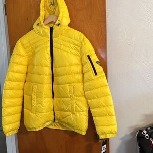 Guess Puffer Jacket Mens Large Yellow Zip Pocket